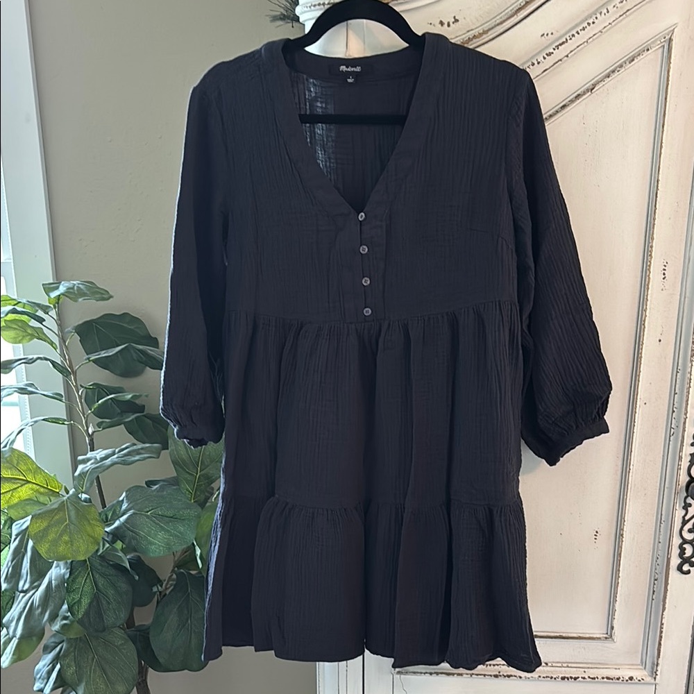 Madewell Dress Women Sz 4 Small Relaxed Tiered Long Sleeve V-neck Gauze Pockets